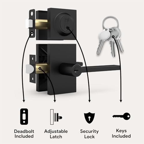 Image of Mega Handles, Glamor Entry Combo, Entry Door Handle and Single Cylinder Deadbolt Lock and Key Combo Pack, Heavy Duty Locking Door Levers for Left or Right-Handed Doors - Matte Black
