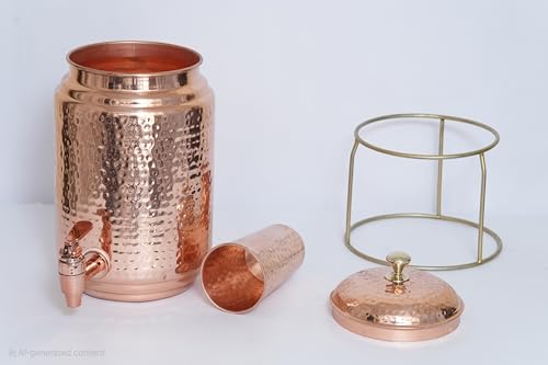 Image of 5 Litre Pure Copper Water Dispenser with 1 Glasses & Stand | Hammered Ayurvedic Matka Pot for Healthy Drinking Water (Jointless, 5000ml + (300ml)
