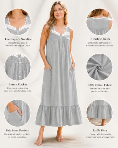 Image of Viakeo Cotton Nightgowns for Women Long House Dress Soft Sleepshirts With Pockets S-3XL