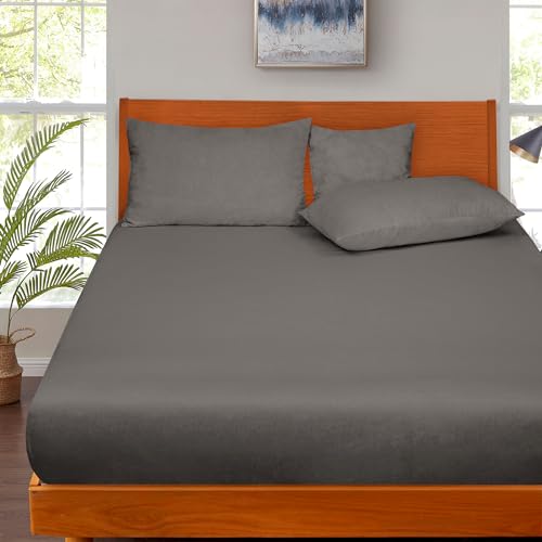 Image of ROYALE LINENS 300 Thread Count 100% Long Staple Combed Cotton Fitted Sheet Queen - Super Soft Deep Pocket Bottom Sheet - Fitted Sheets Only - Elastic Sheets (Queen, Grey)