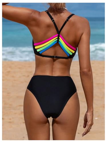 WDIRARA Women's 2 Piece Bikini Set Rainbow Striped Criss Cross Swimsuit Bathing Suit3