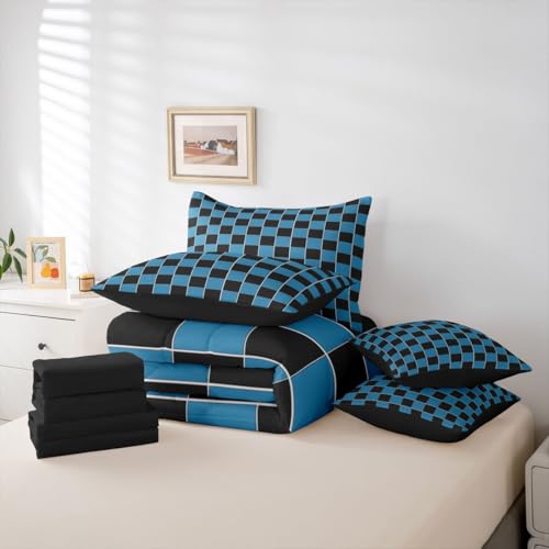 Image of Erosebridal Plaid Twin Bedding Set 7 Piece Navy Blue Black Checkerboard Bed in A Bag with Sheets Geometric Checkered Comforter Set for Kids Adults,Aesthetic Grids Bed Sets