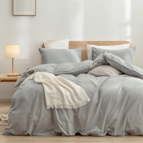 Image of BESTOUCH Cotton Solid Duvet Cover Set Linen Feel Light Grey Oversized Full | Washed Cotton, Linen Feel, Soft Wrinkle Texture, Hidden Zipper, 8 Ties, Breathable Lightweight Durable Comfy, 3Pcs No Insert