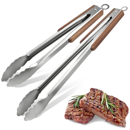 Esie Houzie 16 & 12 Heavy Duty Stainless Steel Grill Tongs with Locking Mechanism & Heat-Resistant Wooden Handle - 2-Pack BBQ Tongs for Grilling Barbecue Outdoors