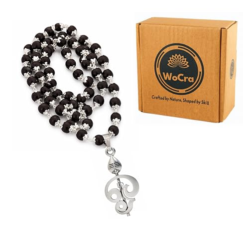 Image of Karungali Malai 8mm Certified with Divine Lord Murugan Om Vel Pendant Silver Plated Original | 54 Beads Authentic Black Ebony Wood Mala with German Silver Cap for Men & Women | Spiritual Protection, Energy Balance & Daily Pooja Wear - 1 Piece