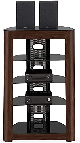 Homeology ZINNIA 5-Tier Real Wood Walnut Veneer Facia with Gloss Black Shelves Entertainment Media Audio Rack
