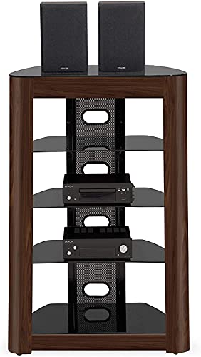 Homeology ZINNIA 5-Tier Walnut Fascia with Black Glass Shelves Entertainment Media Audio Rack