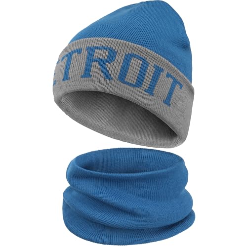ZOARVEXD Detroit Beanies Football Winter Hat and Neck Gaiter Set for Men & Women Warm Beanie and Neck Warmer Combo Ideal for Winter Gift