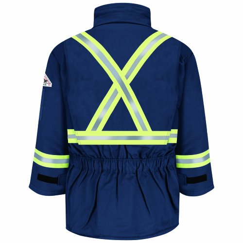 Flame Resistant 7 oz Cotton/Nylon Excel FR ComforTouch Regular Deluxe Parka with CSA Reflective Trim with Fully Insulated Stand-up Collar, Knit Storm Cuff, Navy, Medium3