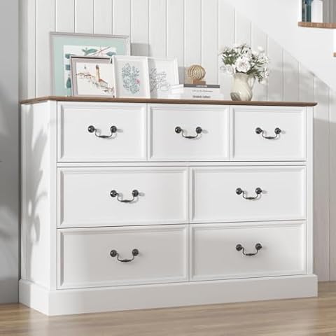 7 Drawers Dresser for Bedroom,47.20" Chest of Drawers Dresser Organizer with Large Storage Space,Wood Dresser Chest Storage Cabinet for Bedroom/Closet/Farnhouse/Living Room(Retro White) Cover