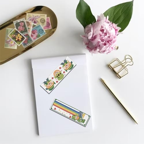 Image of FREEBLOSS 6 Set Cross Stitch Kits - St. Patrick's Day Themed Punch Needle Kit for Beginners - Bookmark Making Gift