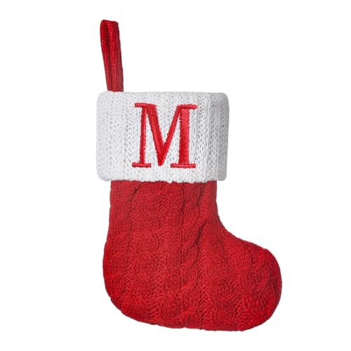 Pxniy Mini Red Knit Stocking,8.5 Inches Initial Monogram Embroidered Christmas Stocking,Family Fireplace Hanging Ornament Xmas Holiday Decor Gift-Letter M
