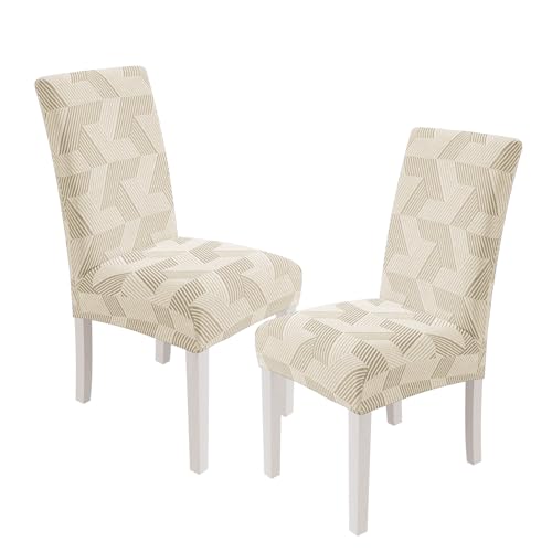 JIVINER Stretch Dining Chair Slipcovers Set of 2, Geometrical Jacquard Dining Chair Covers, Washable Kitchen Chair Covers for Dining Room, Hotel, Party, Beige