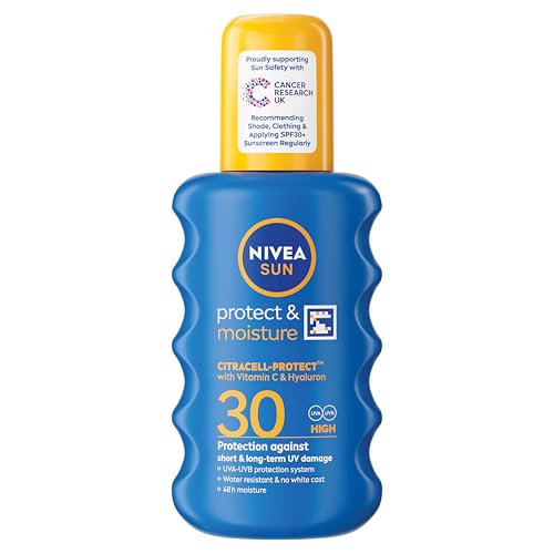 NIVEA SUN Protect & Moisture Sun Spray SPF 30 (200 ml), Moisturising Suncream Spray with SPF 30, Advanced Sunscreen Providing Immediate UVA + UVB Protection, Fast-Absorbing No White Cast Formula
