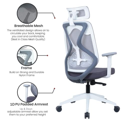 Image of ErgoLab Glider Eco Office Chair | 3 Year Warranty | High Back Ergonomic Mesh Chair for Office Work at Home, Revolving Computer Chair Cushion Seat and Adjustable Height and 1D Armrests - White Grey