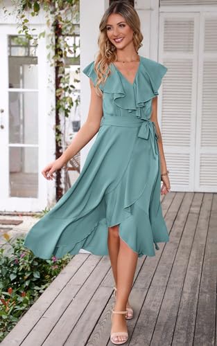 Image of PRETTYGARDEN Women's 2023 Summer Wrap Maxi Dress Casual Boho Deep V Neck Short Sleeve Ruffle Hem Split Beach Long Dresses