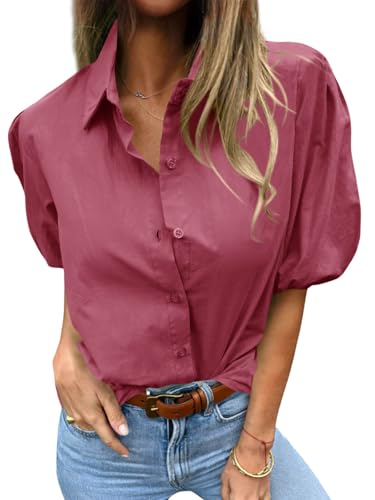 Image of Tankaneo Women's Button Down Shirts Short Puff Sleeve Collared Dressy Casual Blouse Tops