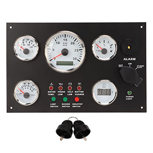 Acouto Boat Dash Instrument Panel Engine Speed Oil Level Pressure Water Temp Voltage Display Gauges Set with Red Backlights for RV Boat Marine Gauge Cluster Panel Replacement(12V)