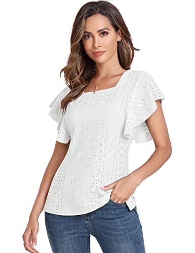 Zenbriele Women Summer Casual Tops Short Sleeve Square Neck Loose Shirt Blouse Tunic Tops For Casual Work Business White #TOP1