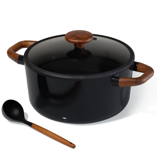 CAROTE 5QT Ceramic Stock Pot with Ladle Nonstick Casserole with Lid Even Heating Stockpot Fits All Stoves Non Stick Large Capacity Cooking Pots PFAS Free Black