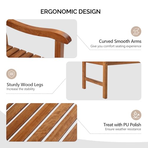 Image of VINGLI 50 inch Outdoor Wood Bench, Weatehr Resistant Wooden Garden Patio Bench with Comfortable Backrest & Curved Armrest, 800lb Capacity Loveseat for Front Porch Park Yard Deck (Natural, Dense Slatted)