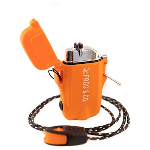 Survival Frog Tough Electric Lighter 2.0 - Waterproof & Windproof Lighters - Flameless Top-Facing Dual Arc Plasma, USB Rechargeable w/Built-in Flashlight, Camping, Survival Fire Starter (Orange) Cover