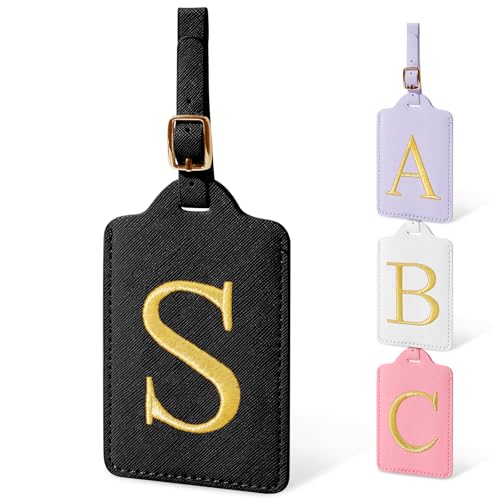 Image of Personalized Initial Luggage Tags for Suitcases, Cute PU Leather Embroidered Letter Travel Luggage Tags, Suitcase Identifier Name Baggage Tag, Bag Tags for Men Women Kids Luggage Handbags(Black S)
