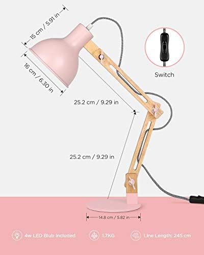 Tomons lampka biurkowa LED, do czytania w drewnianym stylu, różowa lampka stołowa, lampka z regulowanym ramieniem, przyjazna dla oczu, lampa robocza, lampa biurowa, lampka nocna
