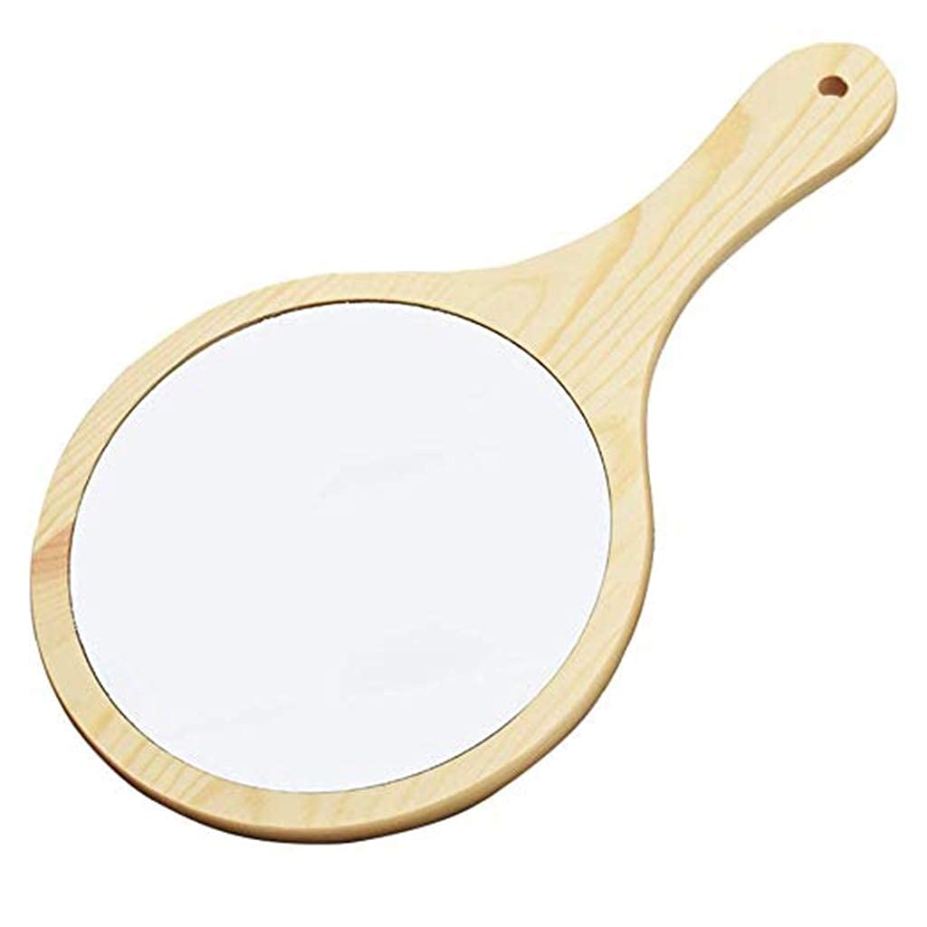 Red Square Natural Wood Mirror Wooden Hand Mirror Vintage Portable Compact Makeup Vanity Hand Held with Handle Dressing Table Shaving and for Travel kit (Small Round)-image-12