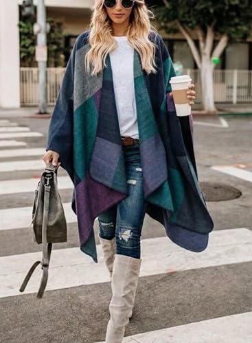Image of Bestshe Women's Boho Open Front Poncho Plaid Shawl Wrap Cape | Tassel Cardigan Sweater, Cozy Layering, Fall Winter Clothes for Women