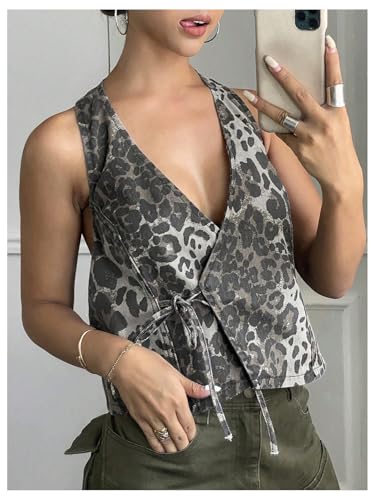MakeMeChic Women's Cheetah Print Denim Top Wrap Tie Front Sleeveless Summer Y2K Tank Crop Tops3