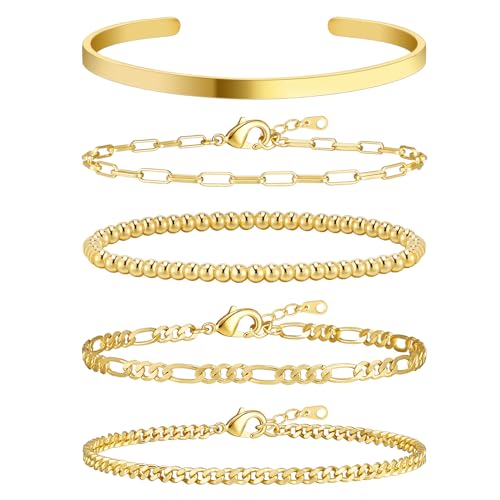 Wowshow Gold Bracelets for Women Bracelet Stack Set 14K Real Gold Plated Link Charm Bracelet Dainty Link Chain Stackable Charm Bracelets Adjustable Bangle Cuff Bracelet Pack Jewelry Gifts for Women