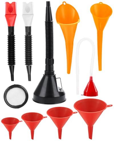 Juego de 10 embudos de plástico flexible, embudo de aceite con manguera, embudo con caño extraíble y largo para coche, moto, taller, hogar