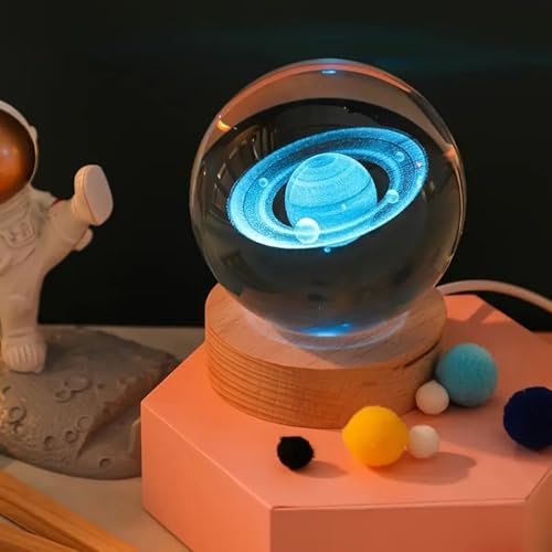 Image of 3D Crystal Ball Lamp with 16 Colors Changing LED Wooden Base - Solar System Night Light, Galaxy Lamps, Galaxy Crystal Ball Light with USB (16 Color Saturn)