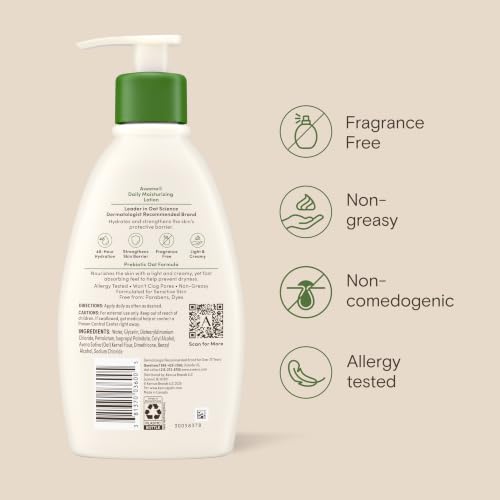 Aveeno Daily Moisturizing Body Lotion with Soothing Prebiotic Oat, Gentle Lotion for Women and Men Nourishes Dry Skin, Paraben-, Dye-, & Fragrance-Free, Non-Greasy & Non-Comedogenic, 12 Fl Oz - image 9