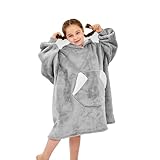 Ramees Wearable Blanket Hoodie for Kids, Sherpa Oversized Sweatshirt Blanket Flannel with Hood Pocket and Sleeves (Grey)