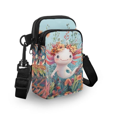 Image of Xpyiqun Axolotl Crossbody Purse for Women Floral Cross Body Pouch Cell Phone Wallet Small Canvas Sling Shoulder Handbags Mini Travel Messenger Bags Roomy Zipper Pockets Work Satchel