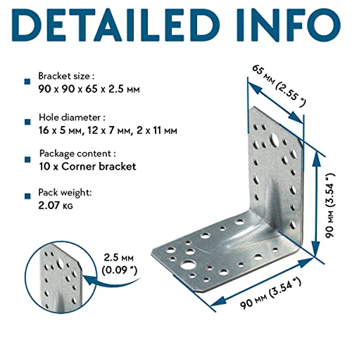 VHG Angle Brackets for Wood Pack of 10 (90 x 90 x 65 x 2.5), Heavy Duty Corner Braces, Metal L Shape With Beading - Image 2