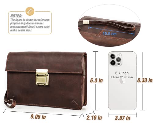 Image of Top Grain Genuine Leather Clutch Wallet with Wristlet for Man & Woman, Handmade Vintage Design, Combination Lock & Multi Pockets /Slots, RFID Large Capacity for Card /Check /Banknote /Passport, Red Brown