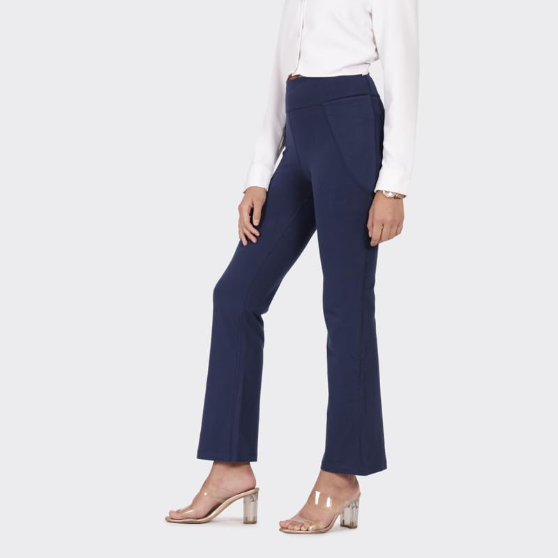 BlissClub AM:PM Cotton Flare Pants for Women Upto 5'4 ft | Wide Waistband, 4 Pockets | Bell Bottom Pants and high Waist Trousers for Office wear 1