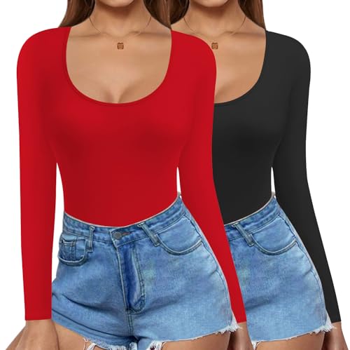 Ekouaer 2 Pack Long Sleeve Shirts for Womens Scoop Neck Tops Slim Fit Undershirts Basic Thermal Tee Shirt Black/Red XS