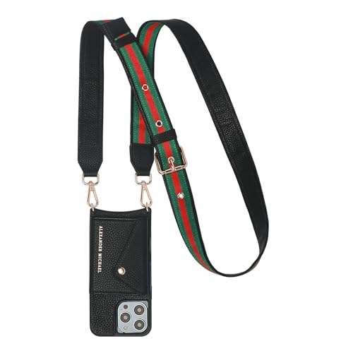 Alexander Michael Gigi Phone Case Wallet and Crossbody with Tri-Color Strap in Premium Leather, Fold Out Wallet in Black Compatible with iPhone 13 Pro (Black, iPhone 14)