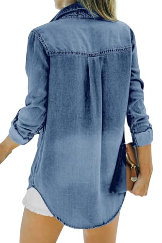 Runcati Womens Button Down Denim Shirt Long Sleeve Roll Up Casual Oversized Jean Shirt Jacket Distressed Tunic Tops3
