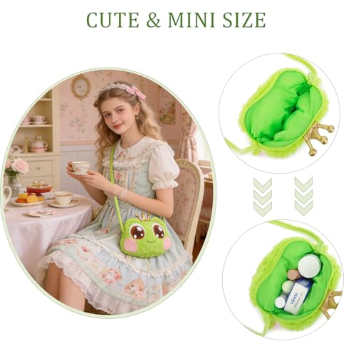 Image of Kawaii Frog Purse for Women - Mini Frog Crossbody Bag Cute Fluffy Animal Bags Novelty Purses (Green) | Soft Cotton Blend