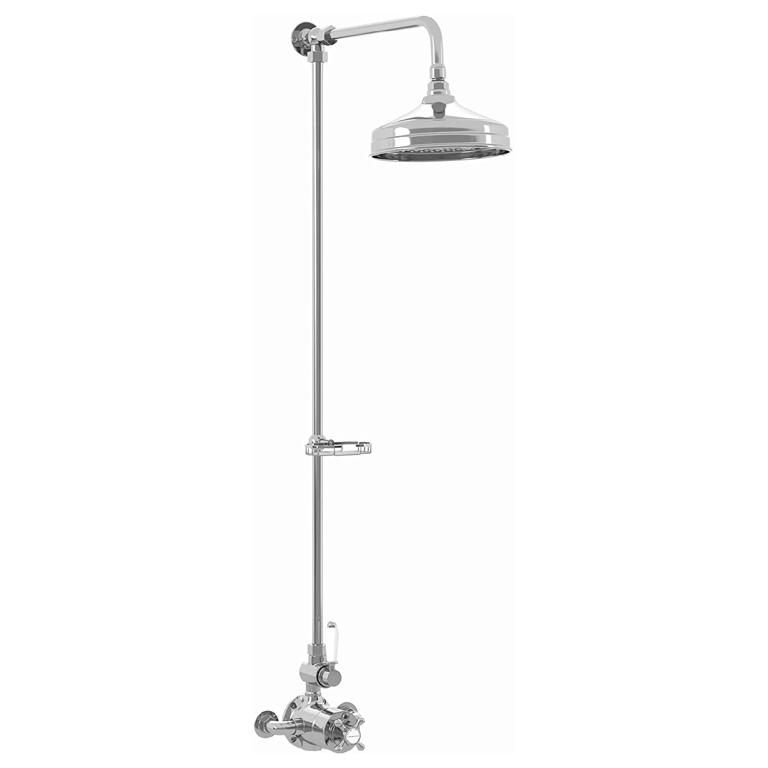 ENKI Downton SH0529 Shower Set with Rigid Riser Kit, Rain Shower Head, Twin Thermostatic Valve, White & Chrome Tap Attachment for Bathroom, Traditional Style