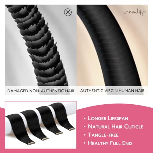 Image of Wennalife Tape in Hair Extensions Human Hair Jet Black Tape in Extensions, 10pcs 20g 10 inch Remy Invisible Tape Ins Straight Colored Soft Real Human Hair Tape in Extensions Refill Set Extensions