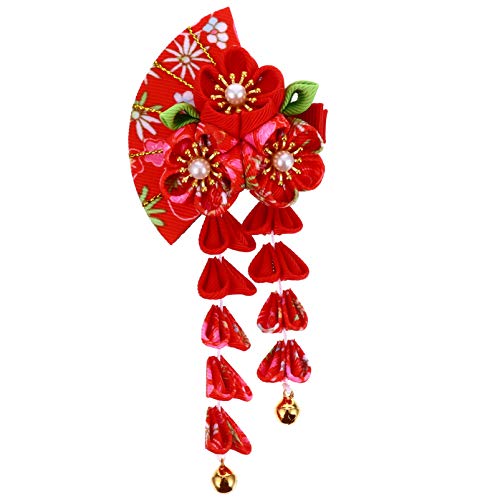 Beaupretty Japanese Style Cloth Hairpin Tassel Fans Shape Barrette with Bells Kimono Flower Headdress Traditional Clothes Cosplay Hair Decoration Accessory for Women Red