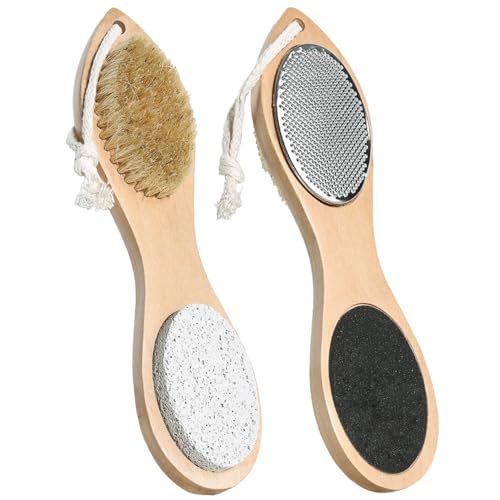 Beomeen Pumice Stone Brush for Feet 4 in 1, Bamboo Foot File Callus Remover, Foot Rasp and Sand Paper Pedicure Tools with Handle, Shower Foot Scrubber, Soft Smooth Feet for Home Foot Care