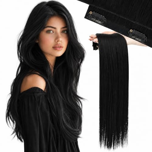 Image of Moresoo Clip in Hair Extensions Human Hair, Seamless Genius Weft, 22inch | Clip in hair extensions, natural black, 130g 7pcs, for weddings and events, long natural blend for soft romantic styling
