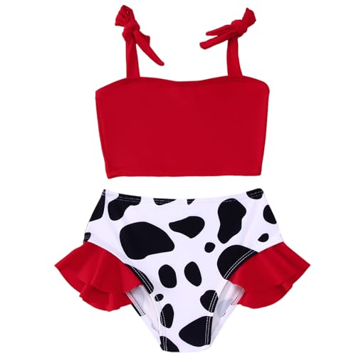 BOUTIKOME Toddler Baby Girl Two Piece Swimsuit Cow Print Swimwear Knot Top Flared Bottom Bikini Set Beach Bathing Suit 1-6T(Red,3-4T)